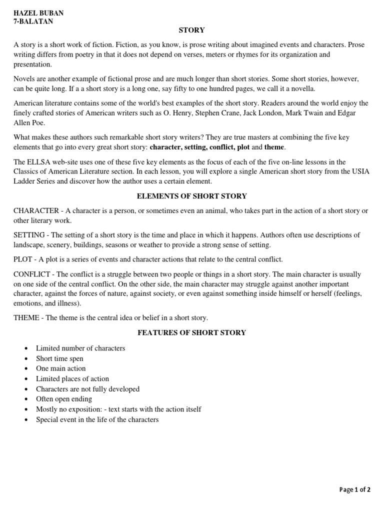characteristics of short story elements of a short story pdf